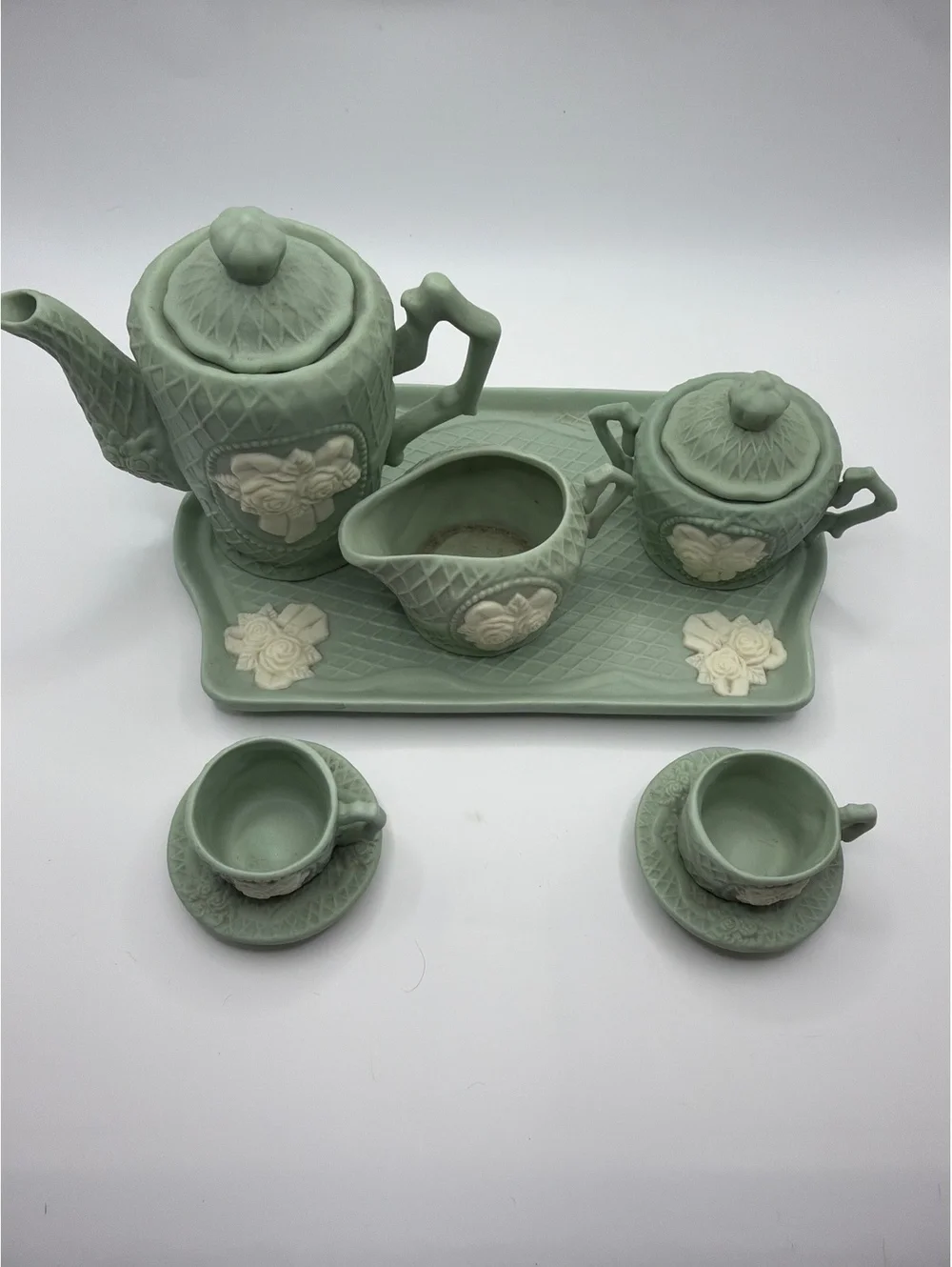 Vintage Green Ceramic Tea Set with Floral Embossed Design